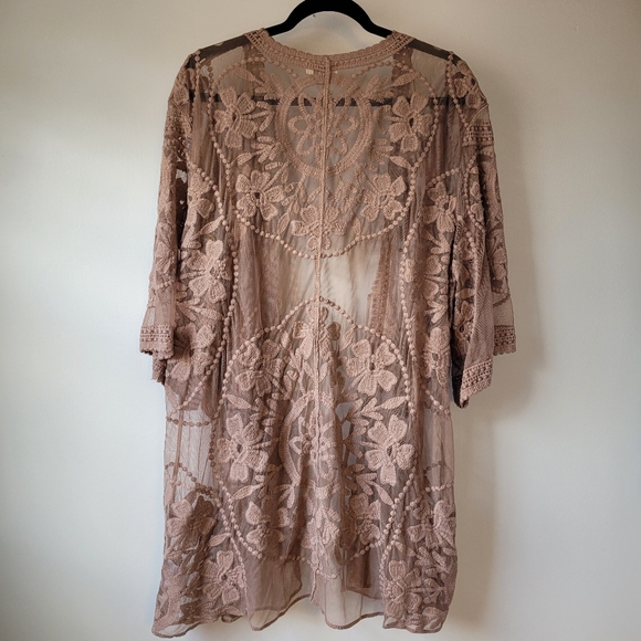 UMGEE Oh Sweet Lace! Mocha Floral Lace Open Front Kimono with Waist Tie - Picture 2 of 10